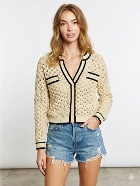 Heartloom Sybil Sweater Crochet Knit V Neck Ivory Size Small Preppy Cottagecore